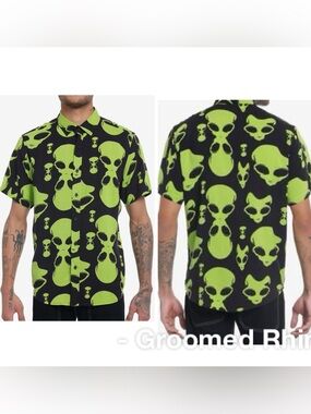Hot Topic Trippy Green Alien Face Short Sleeve Button Up Size 2XL